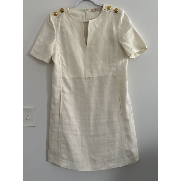Tory Burch Women's 100% Linen Cream/White Classy Gold Buttons Midi Dress Sz6